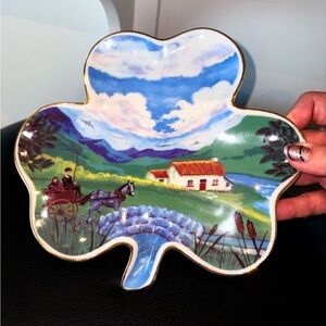 Scenic Clover-Shaped Plate with Gold Trim By Celtic artist Aileen Caffrey